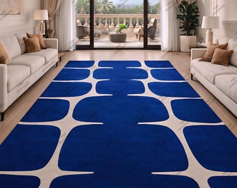 Handmade Cobalt Blue Wool Rug, Modern Geometric Abstract Carpet (9x12ft)
