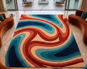 Abstract Wavy Area Rug Mid Century Modern Hand Tufted Wool Swirl Carpet Teal Rust Orange Cream Blue Thick Plush Pile 8x10 9x12 Custom Sizes
