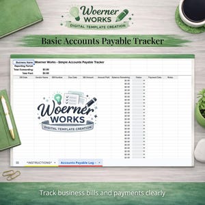 May include: A digital accounts payable tracker template by Woerner Works. The spreadsheet features a table with columns for bill date, vendor name, bill number, due date, and more. The template includes the text "Track business bills and payments clearly."