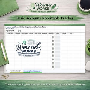 Può includere: Un modello digitale di monitoraggio dei crediti di Woerner Works. Il foglio di calcolo include campi per la data della fattura, il nome del cliente, il numero della fattura, la data di scadenza, l'importo della fattura, l'importo pagato, il saldo dovuto, lo stato, la data di pagamento e le note.