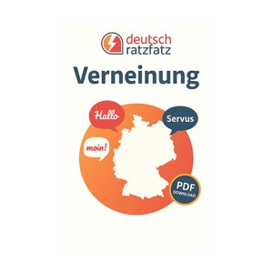 Puede incluir: Un gráfico sobre un fondo blanco con un mapa de Alemania, bocadillos con saludos y el texto "Verneinung" y "deutsch ratzfatz". También hay un botón de descarga PDF.