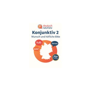 May include: A white background with the text "Konjunktiv 2" and "Wunsch und höfliche Bitte" in blue. The image includes a map of Germany in white, surrounded by an orange circle, with speech bubbles saying "Hallo", "Servus", and "moin!". A "PDF Download" button is also present.