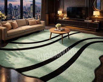 Luxury Green Wave Modern Abstract Carpet, Designer Living Room Rug, Contemporary Statement Rug