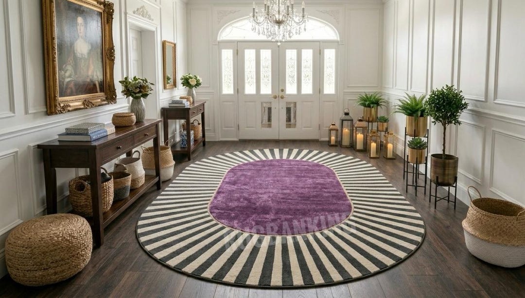 Purple Roung Rug Round Modern Area Rug, Purple Center Striped Carpet, Contemporary ...
