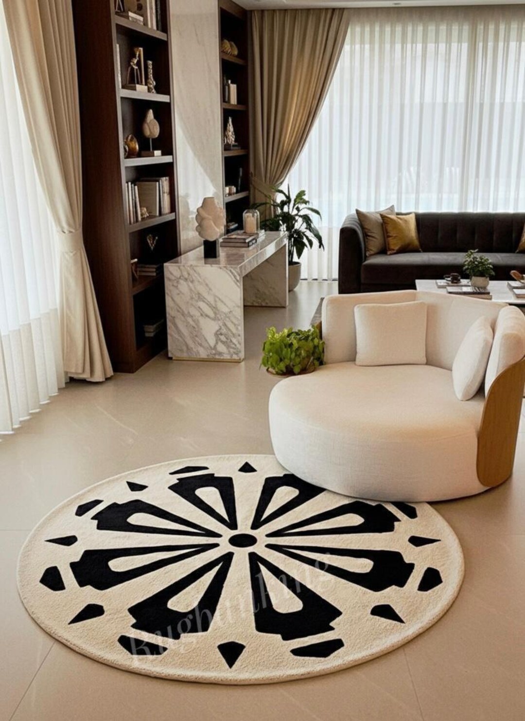 Round Large Rug Abstract Round Abstract Area Rug, Modern Geometric Beige Black Carpet, Handmade ...