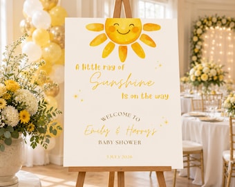 Placa de boas-vindas para chá de bebê "Pequeno Raio de Sol", modelo editável para Canva, decoração de chá de bebê com tema de sol, download digital.