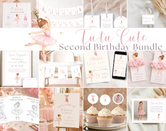 Tutu Cute 2e verjaardagsfeestpakket, ballerina verjaardagsdecoraties, bewerkbare Canva-sjabloon, printbare set voor meisjesverjaardagsfeest, Two-tu Cute