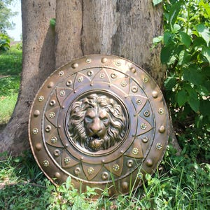 Handmade Lion Shield – Medieval Wall Decor, Warrior Art, Fantasy Home Accent, Antique Bronze Wall Hanging
