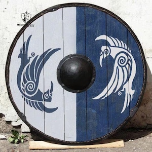 Viking Wooden Shield with Norse Raven Design Hand Painted Medieval Shield Functional & Decorative Round Shield for LARP, Cosplay and Wall