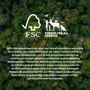 Puede incluir: El logotipo FSC y el texto Forests For All Forever aparecen sobre un p&aacute;rrafo que indica que Alafriday utiliza productos de papel certificados FSC para proteger la biodiversidad, sobre un fondo de bosque denso visto desde arriba.