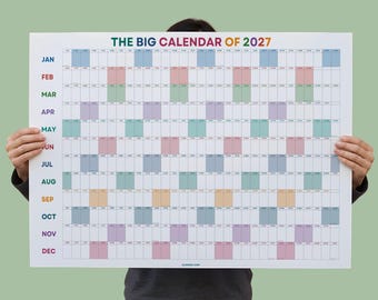 Planificador mural 2027, vista anual, calendario horizontal para oficina en casa, colores vivos, papel reciclado.