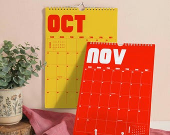 Calendário de parede retrô para o ano letivo de 2026-2027, início em outubro, design minimalista retrô.
