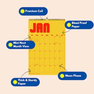 Puede incluir: Un calendario de pared amarillo para el mes de enero con texto en rojo. Incluye una espiral premium, papel resistente a la tinta, una vista del mes siguiente, papel grueso y resistente, e indicadores de las fases lunares.