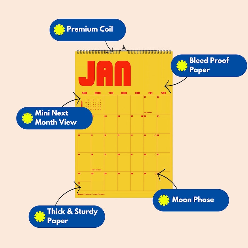Puede incluir: Un calendario de pared amarillo para el mes de enero con texto en rojo. Incluye una espiral premium, papel resistente a la tinta, una vista del mes siguiente, papel grueso y resistente, e indicadores de las fases lunares.