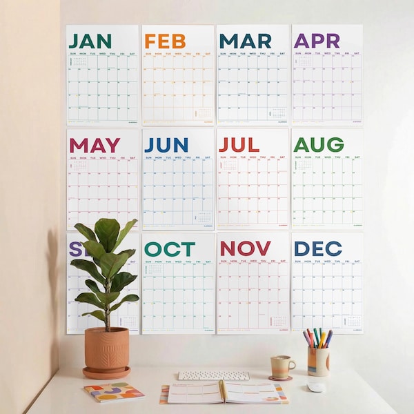 Calendario de pared a color sencillo 2026: planificador mensual grande, papel reciclado, inicio lunes o domingo