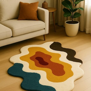 Modern Irregular Shape Abstract Area Rug – Colorful Wavy Hand Tufted Carpet – Boho Living Room Decor – Soft Wool Blend Accent Rug – Custom