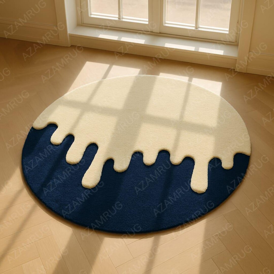 Dripping Rug Melted Circle Rug, Navy Blue & Cream Dripping Design, Hand Tufted ...