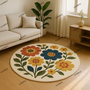 Tappeto rotondo colorato floreale annodato a mano per soggiorno / Tappeto moderno con fiori boho / Tappeto morbido fatto a mano tappeto floreale boho tappeto floreale