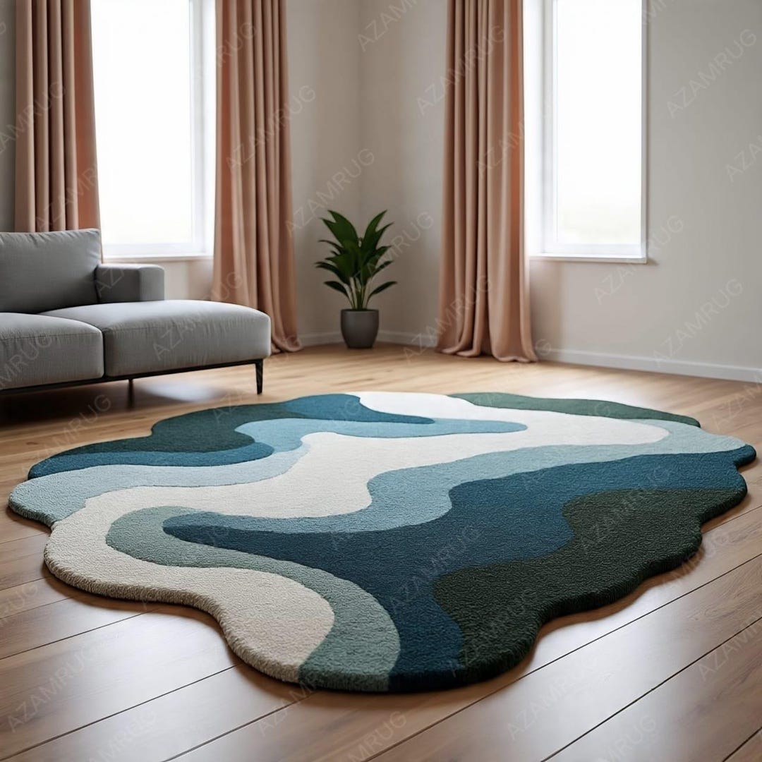 Blue Shell Shapped Rug Wavy Blue Abstract Organic Shaped Plush Rug for Living Room • Statement ...