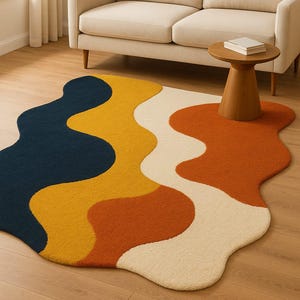 Modern Wavy Irregular Shape Rug | Hand Tufted Abstract Wool Carpet | Bold Colorful Area Rug for Living Room | Boho Aesthetic Decor |