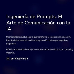 Könnte beinhalten: Digitales Kunstwerk mit einer menschlichen Figur mit Leiterplattenmustern und blauen, leuchtenden Linien. Der Text lautet "Ingeniería de Prompts: El Arte de Comunicación con la IA."