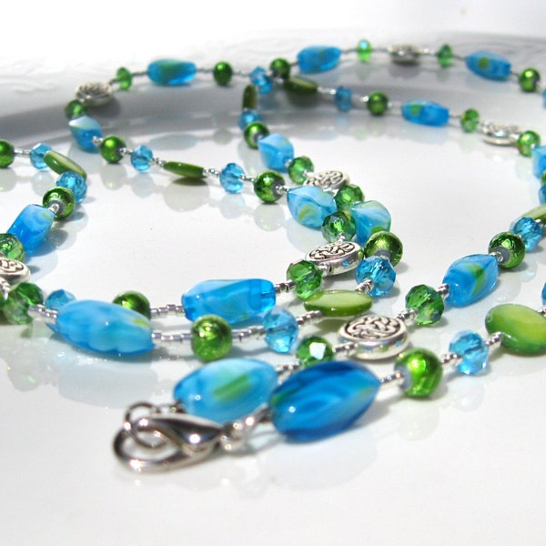 Prom Style Necklace, Preppy Style, Flapper Length, Turquoise Blue and Lime Green, "Springtime Follies"