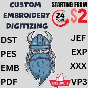 Può includere: Immagine che promuove servizi di digitalizzazione di ricami personalizzati. Il testo include "CUSTOM RICAMO DIGITALIZZAZIONE", "A PARTIRE DA 2 €", "SERVIZIO 24 ORE" e abbreviazioni dei formati di file. È presente un vichingo dei cartoni animati con barba e casco blu.