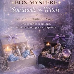 May include: A mystical box set with the text "BOX MYSTÈRE Spirituelle ou Witch". The image shows two open boxes filled with candles, crystals, and bottles. The boxes are decorated with purple ribbons and set against a starry background.
