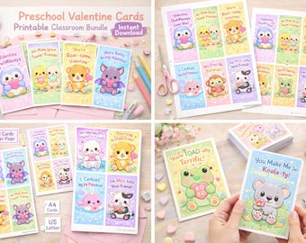 Süße Tier-Valentinstagkarten | Druckbares Paket für Vorschule (Instant Download)