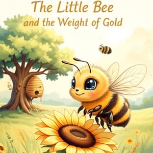 May include: An illustrated scene featuring a cartoon bee with large eyes, yellow and black stripes, and wings. The bee hovers near a sunflower. The text "The Little Bee and the Weight of Gold" is at the top. A beehive hangs on a tree.