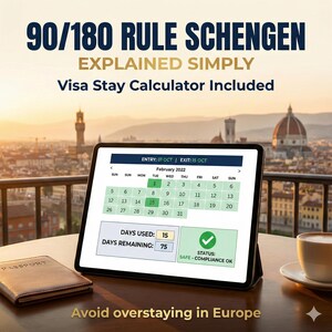 Może przedstawiać: Tablet z kalkulatorem pobytu wizowego z tekstem "Zasada 90/180 Schengen Wyjaśniona Prosto". Ekran pokazuje kalendarz na luty 2022, z wyświetlonymi dniami wykorzystanymi i pozostałymi. Widoczny jest również paszport i filiżanka kawy.