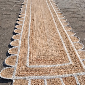 Scalloped Jute  Runner - White Edge | Scalloped Jute Runner | Kitchen Rug | Bohemian Scallop rug | Entryway Natural jute Rug | Custom Rug