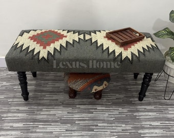 Handmade Kilim Bench Ottoman Wool Upholstered Bench Southwestern Entryway Bench Boho Rustic Wooden Bench Seat Tribal Pattern Furniture