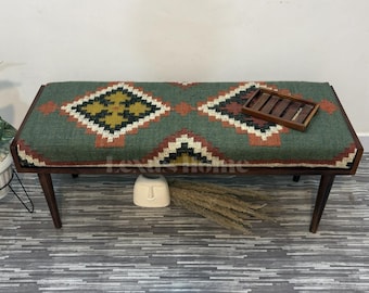 Kilim Bank mit Holzbeinen, Boho Eingangsbank, Grüne gepolsterte Jutebank, Mid Century Modern End of Bed Bank, Azteken Sitzbank