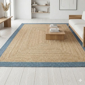 Natural - Blue Strip Jute Rug Bohemian Jute Rug Rectangular Jute Rug Braided Large Rug Boho Decor Rug | Jute Area Rug | Custom Size Rug