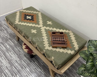 Handmade Wooden Bench with Kilim Upholstery, Entryway Bench, Ottoman Bench, Rustic Farmhouse Seating, Boho Home Decor
