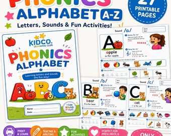フォニックスアルファベットワークシート A-Z | 印刷可能なアルファベットの音 | 幼稚園・保育園向け学習アクティビティ | ホームスクーリング