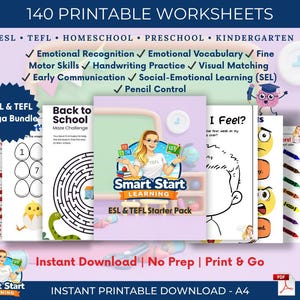 May include: A selection of printable worksheets for ESL, TEFL, homeschool, preschool, and kindergarten. The image showcases educational resources for handwriting practice, visual matching, and social-emotional learning. The text reads "140 Printable Worksheets".