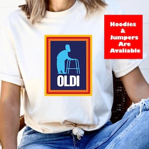 OLDI Logo Parody T-Shirt, Funny Retirement Shirt, Senior Humor Shirt for Dad and Grandpa, OLDI Walking Frame Shirt, Retirement unisex tee