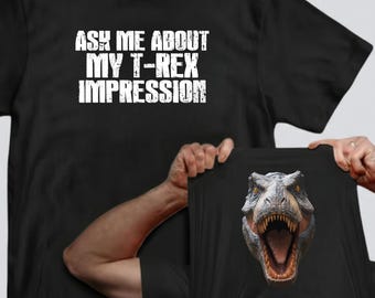 Camiseta divertida con ilusión de dinosaurio: pregúntame sobre mi impresión.