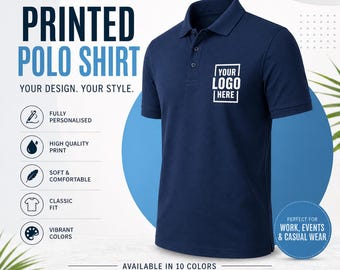 Personalised Printed Polo Shirt, Custom Logo Text Business Workwear Polo