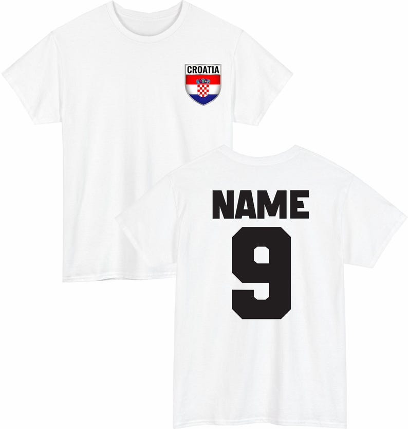 May include: White t-shirt with the Croatian flag emblem on the front and the word "NAME" above the number "9" on the back. The Croatian flag emblem is a shield with a red and white checkered pattern and the word "CROATIA" above it.