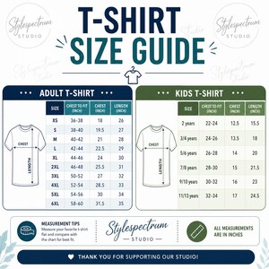 May include: T-shirt size guide with measurements in inches for adult and kids' sizes. Includes chest and length measurements for sizes XS to 6XL for adults and 2 years to 11/13 years for kids. Features a Stylespectrum Studio logo.