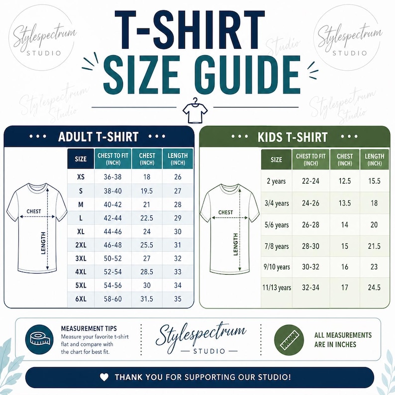 May include: T-shirt size guide with measurements in inches for adult and kids' sizes. Includes chest and length measurements for sizes XS to 6XL for adults and 2 years to 11/13 years for kids. Features a Stylespectrum Studio logo.