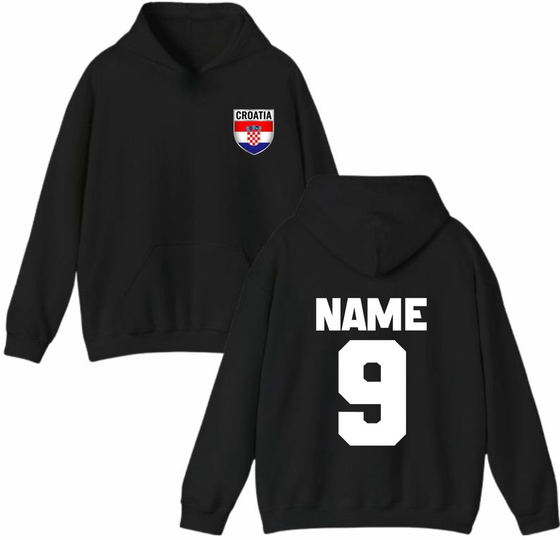 May include: Black hoodie with a front pocket and a hood. The front features a Croatia crest. The back displays the word "NAME" above the number "9" in white block letters. A casual, sporty apparel item.