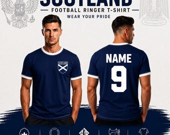 Camiseta de fútbol escocés Ringer personalizada, equipación de Escocia con nombre y número personalizados.