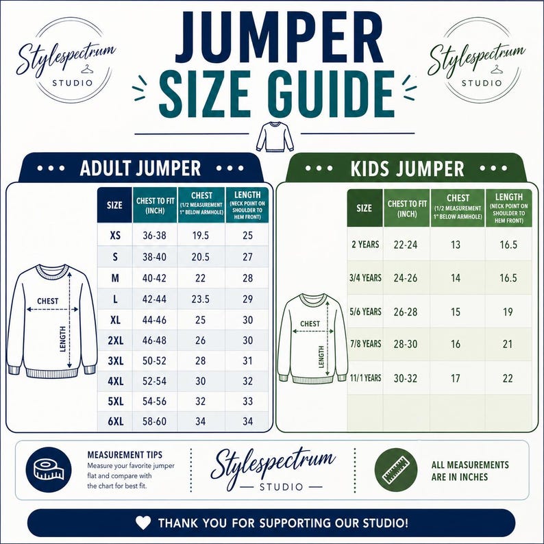 May include: A size guide for adult and kids jumpers, with chest and length measurements in inches. The guide includes sizes XS to 6XL for adults and sizes 2 years to 11/1 years for kids. The text "JUMPER SIZE GUIDE" is at the top.