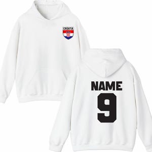 May include: White hoodie with a front pocket and a hood. The front features a Croatia crest. The back displays the word "NAME" above the number "9" in black. A casual, sporty garment.