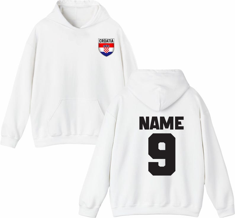 May include: White hoodie with a front pocket and a hood. The front features a Croatia crest. The back displays the word "NAME" above the number "9" in black. A casual, sporty garment.