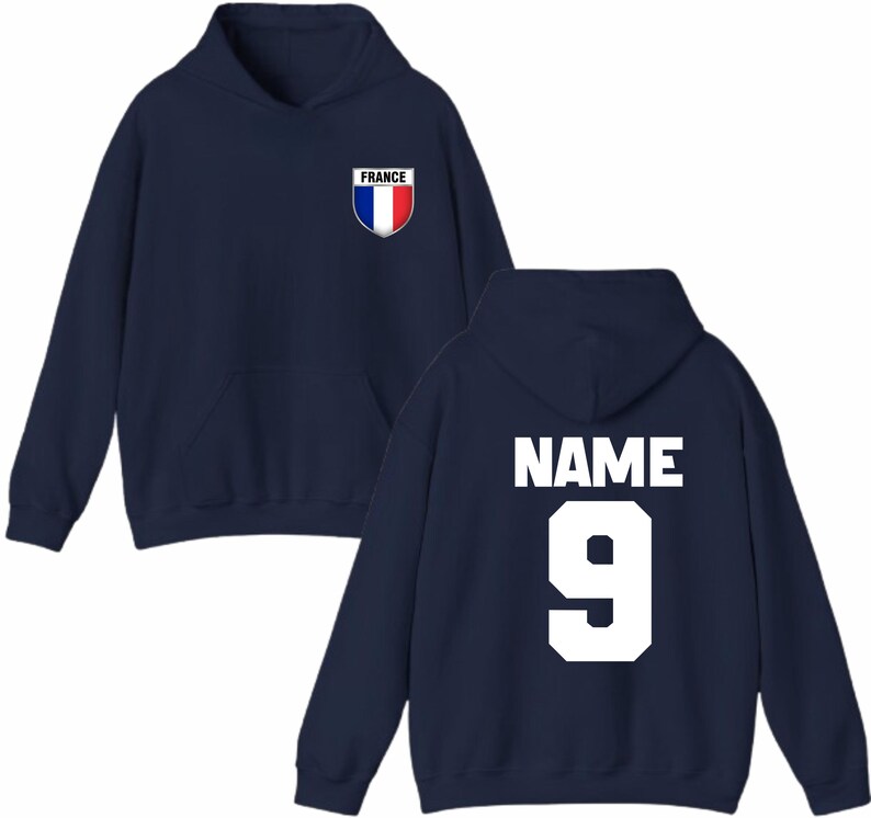 May include: Navy blue hoodie with a front pocket and hood. The front features a small patch with the French flag and the word "FRANCE". The back displays the word "NAME" above the number "9" in white.